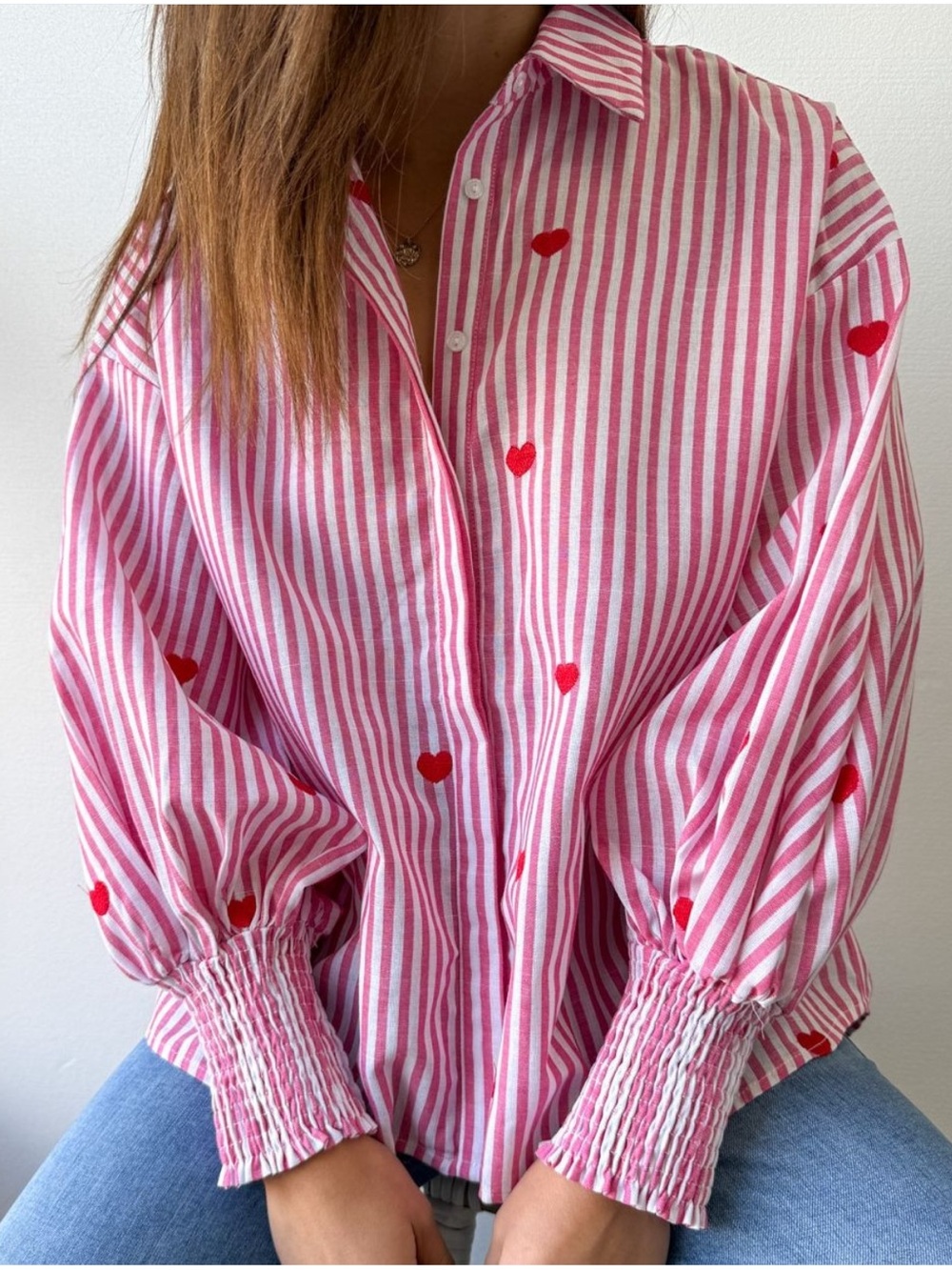 WHITE | CLOSET ELEMENTS Pink Stripe Embroidered Hearts Smocked Cuff Blouse Top